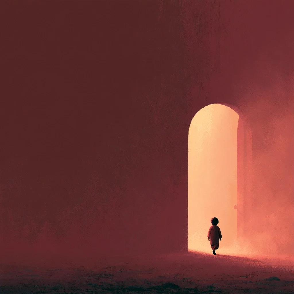 A child, seen from behind, standing before a glowing archway of warm light